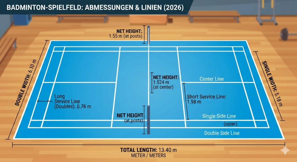 Badminton Regeln 3 Diagramm der offiziellen Badminton Spielfeld Maße 2026 für Einzel und Doppel