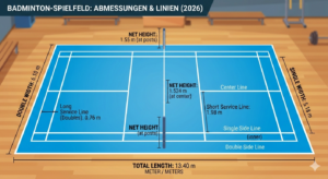 Badminton Regeln 6 Diagramm der offiziellen Badminton Spielfeld Maße 2026 für Einzel und Doppel