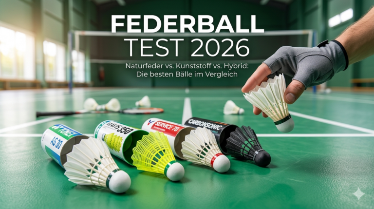 Mehrere Badminton-Federbälle verschiedener Marken im Test-Vergleich auf einem Hallenboden.