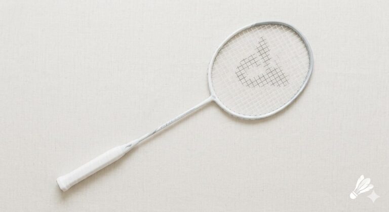 Ein schlichter weißer Badmintonschläger flach liegend auf einem hellen, strukturierten Hintergrund.