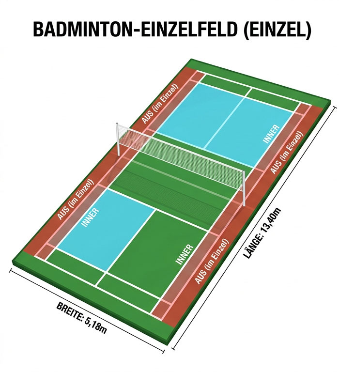 Badminton Regeln 2 Badminton Spielfeld Einzel mit Maßen: Farbliche Kennzeichnung der gültigen Einzel-Spielfläche und der Aus-Zonen
