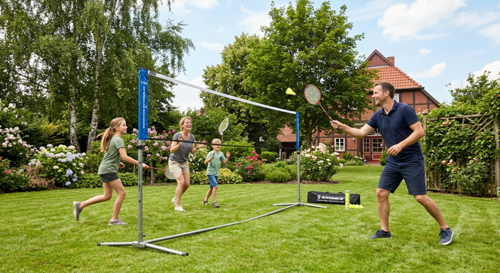 Höhenverstellbares Badmintonnetz: Für Garten, Volleyball & Kids 1 Eine Familie spielt mit einem höhenverstellbaren Badmintonnetz im Garten auf Rasen.