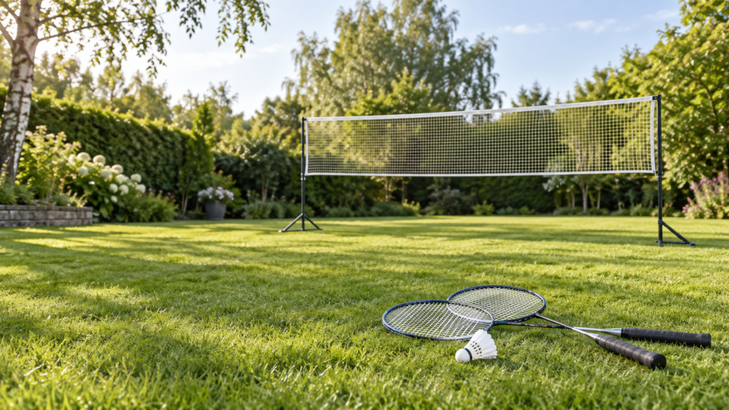 Badmintonnetze im Vergleich: Modelle für Garten und Halle 1 Badmintonnetz im Garten mit Schlägern und Federball
