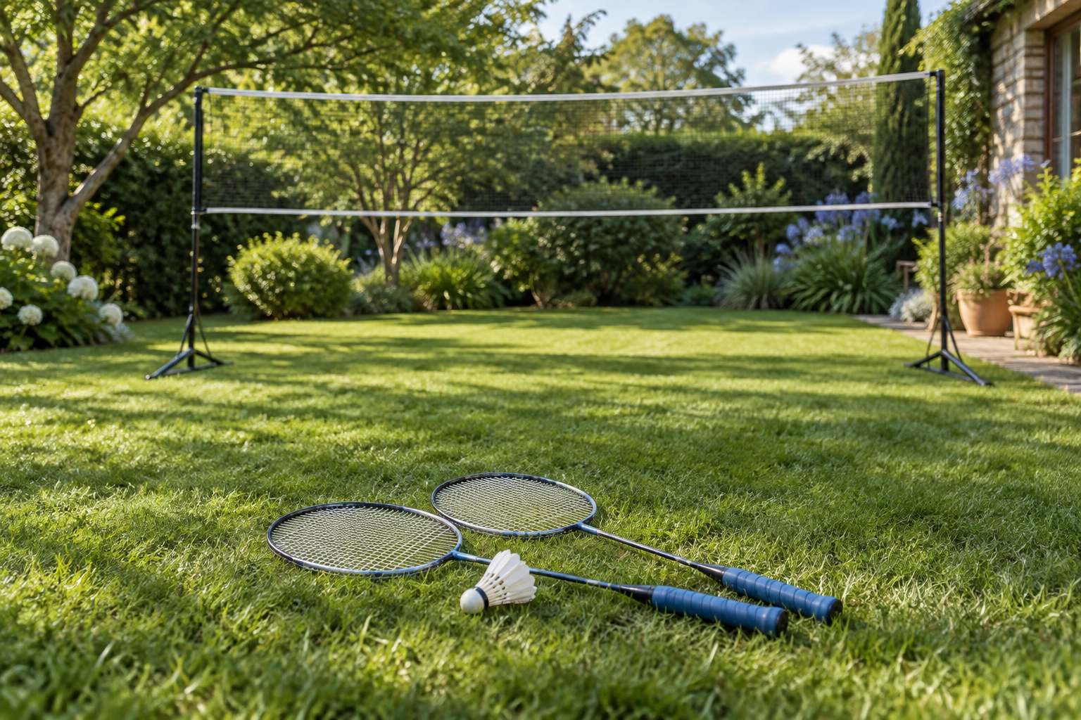 Freizeitnetz und Badmintonschläger im Garten
