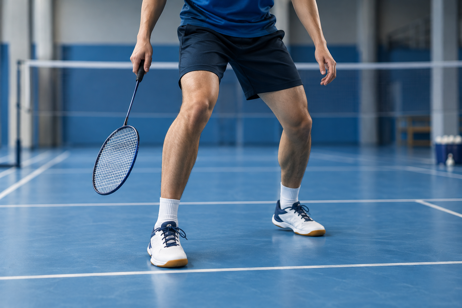 Badmintonspieler beim Üben der Bereitschaftsstellung